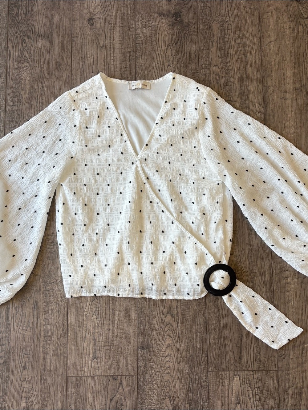 Polka Dot White Wrap Blouse with Ring Tie S/M